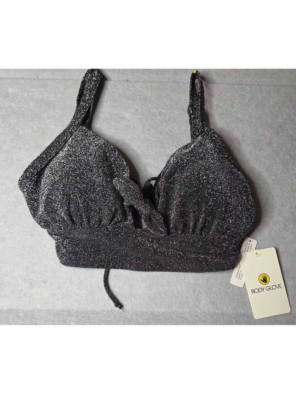 BODY GLOVE Olivia Bikini Top Black Metallic Shimmer Lace Up Back Size D NWT